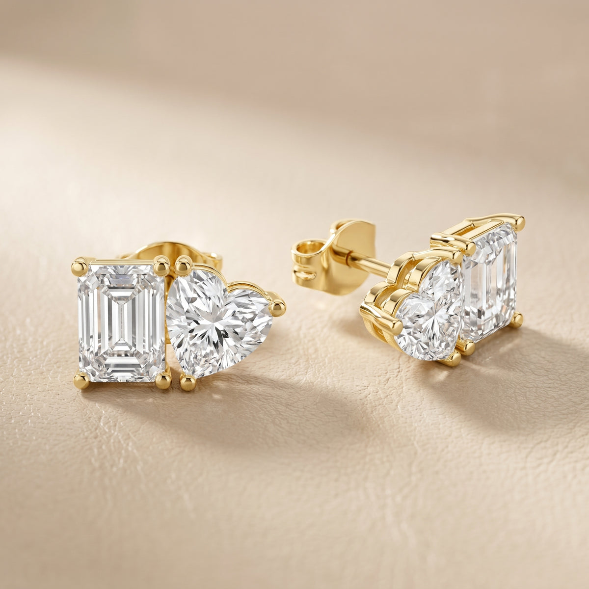 Emerald Heart Cut Lab Grown Diamond Stud Earrings in Yellow Gold