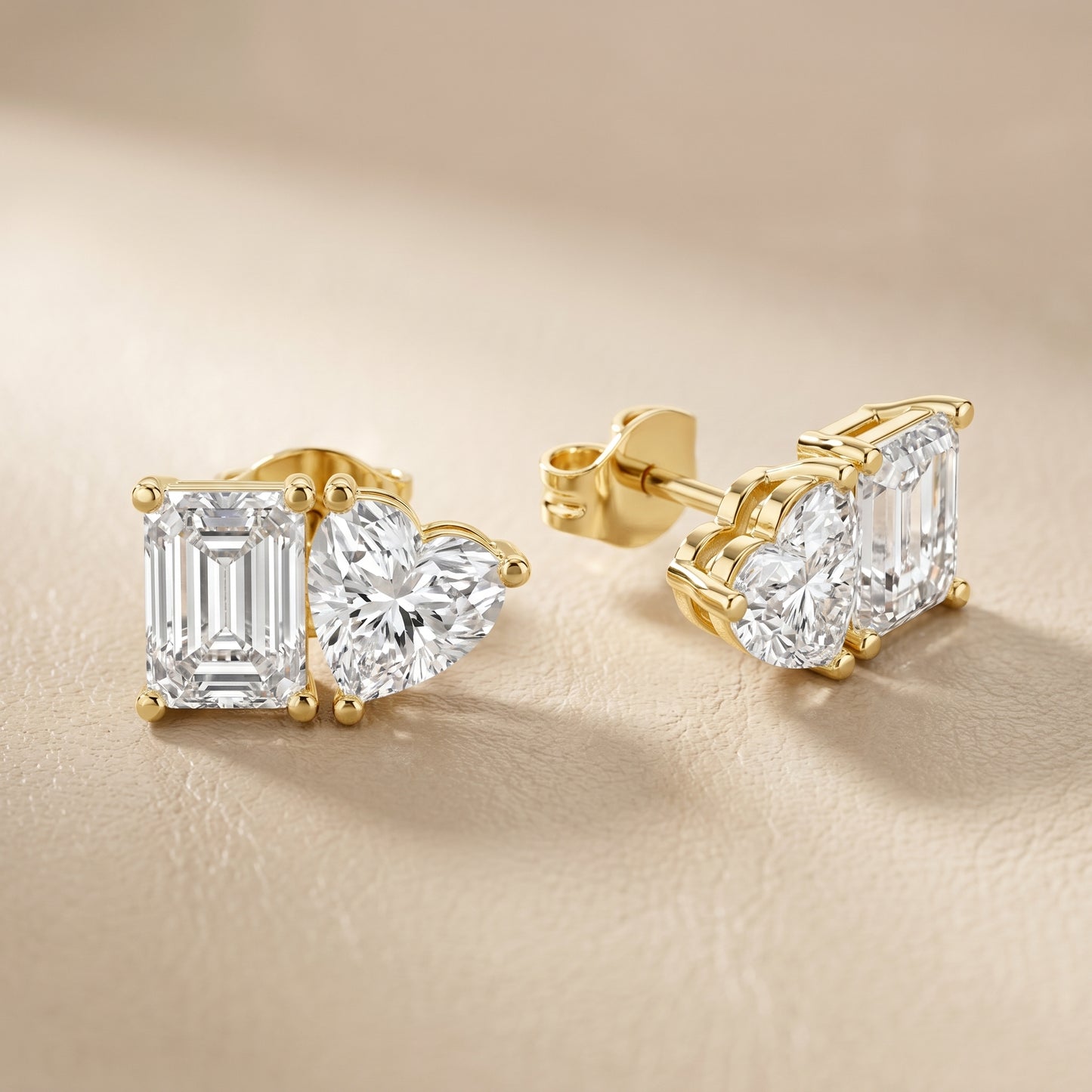 Emerald Heart Cut Lab Grown Diamond Stud Earrings in Yellow Gold