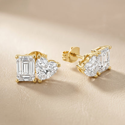 Emerald Heart Cut Lab Grown Diamond Stud Earrings in Yellow Gold