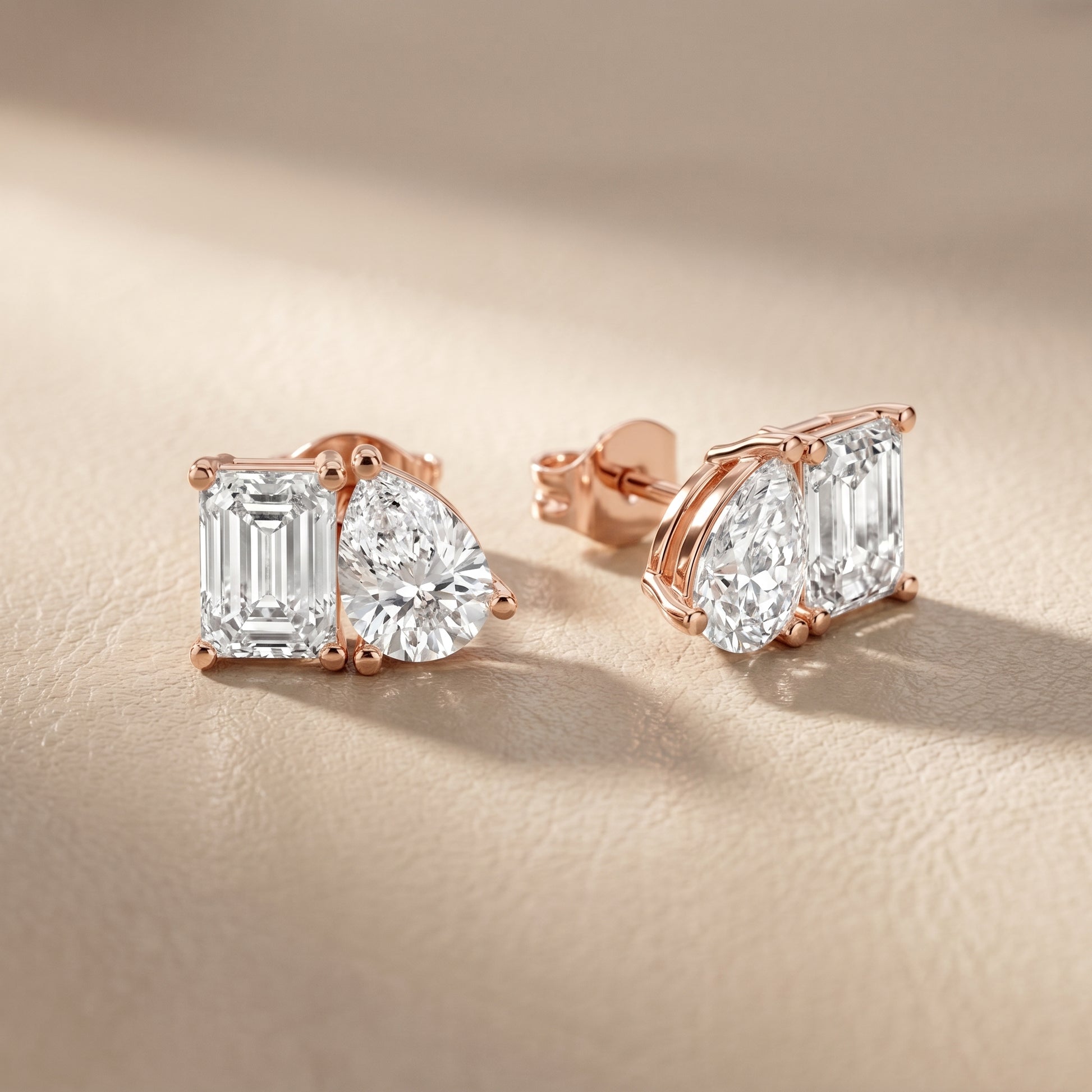 Emerald Pear Cut Lab Grown Diamond Stud Earrings in Rose Gold