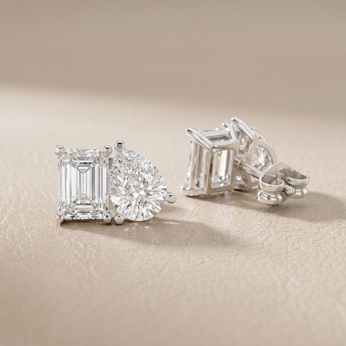 Emerald Pear Cut Lab Grown Diamond Stud Earrings in White Gold