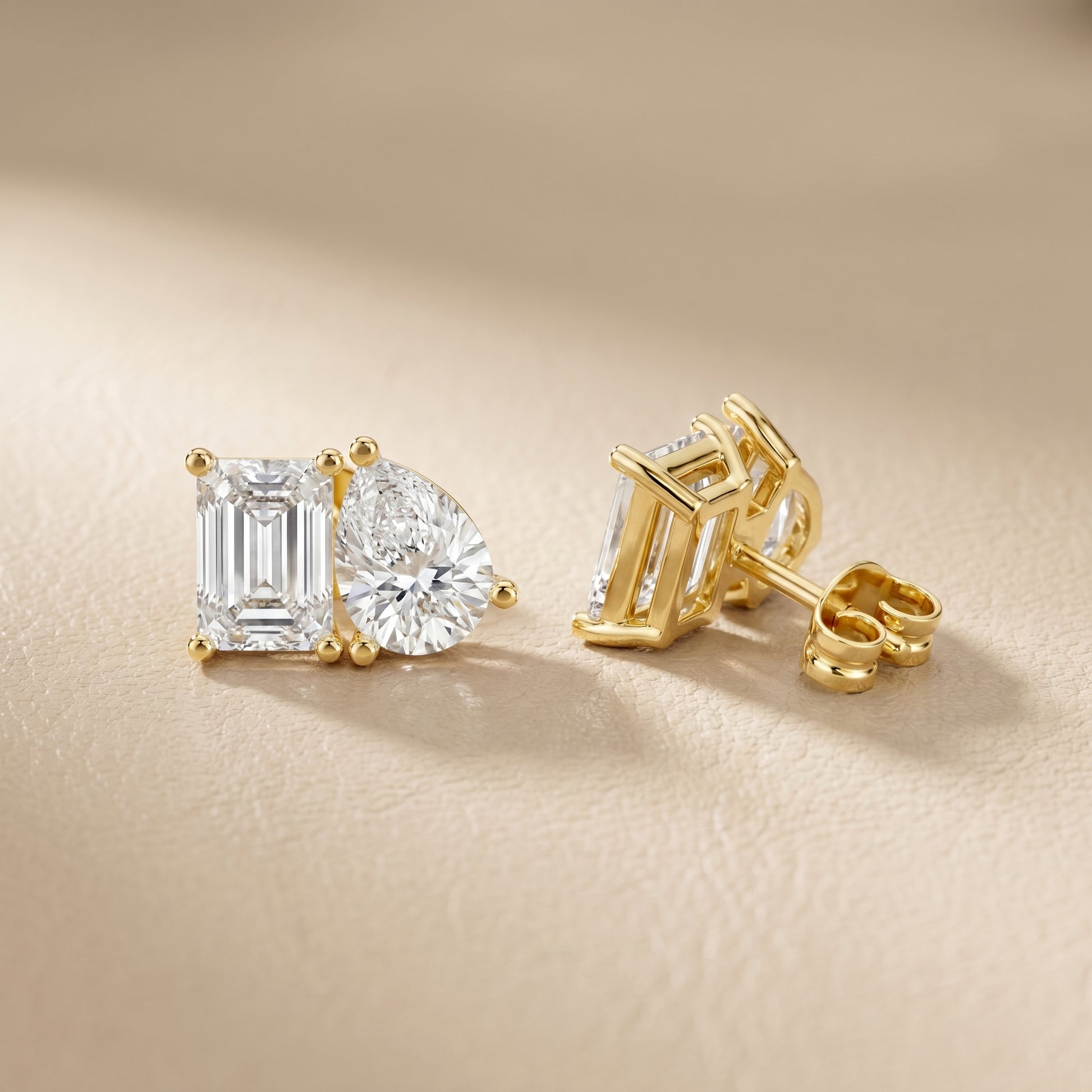 Emerald Pear Cut Lab Grown Diamond Stud Earrings in Yellow Gold