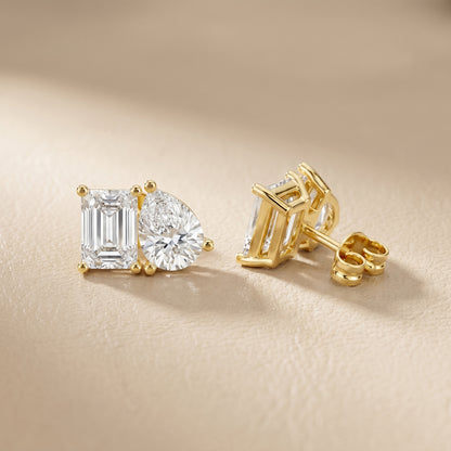 Emerald Pear Cut Lab Grown Diamond Stud Earrings in Yellow Gold