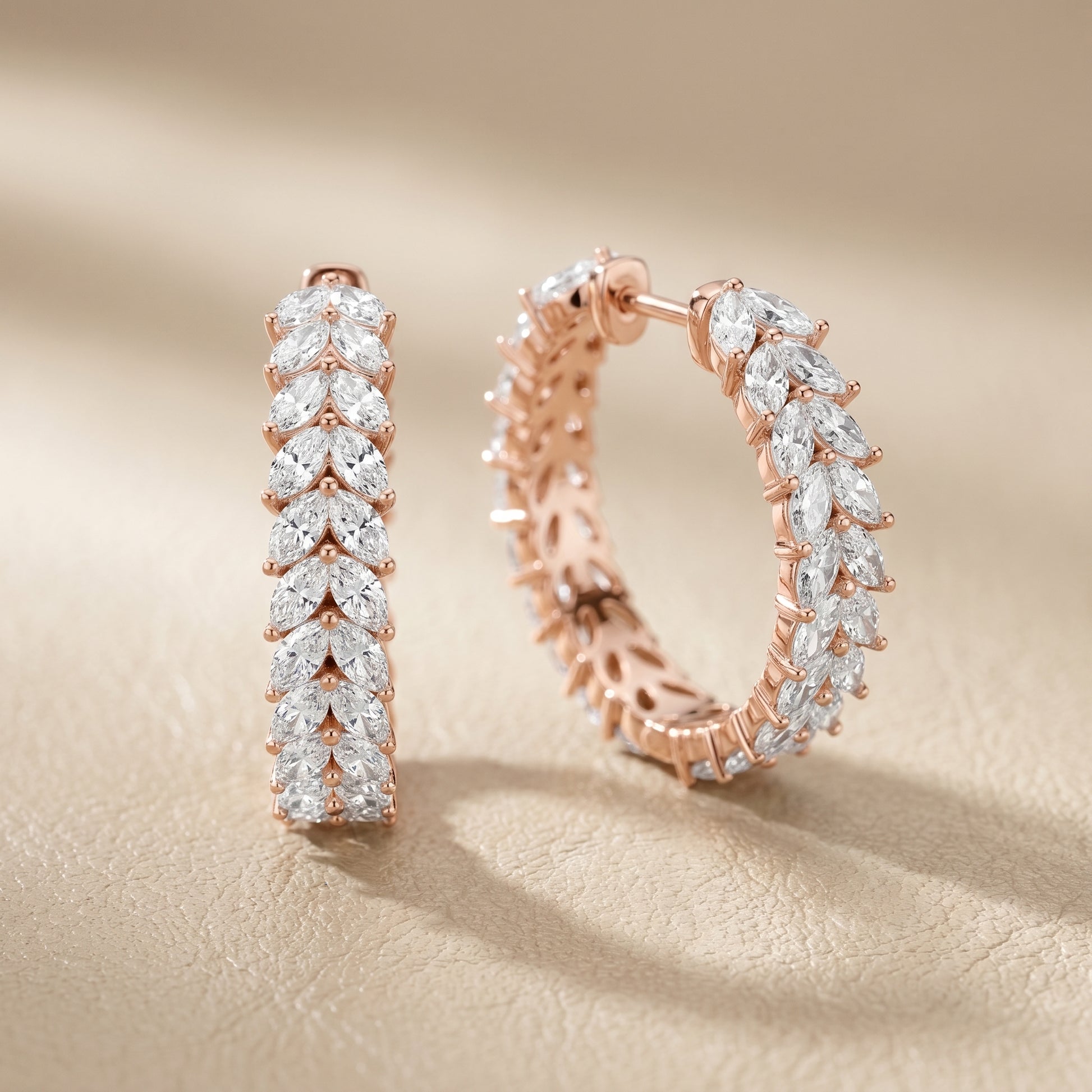 Marquise Cut Lab Grown Diamond Hoop Earrings in Rose Gold
