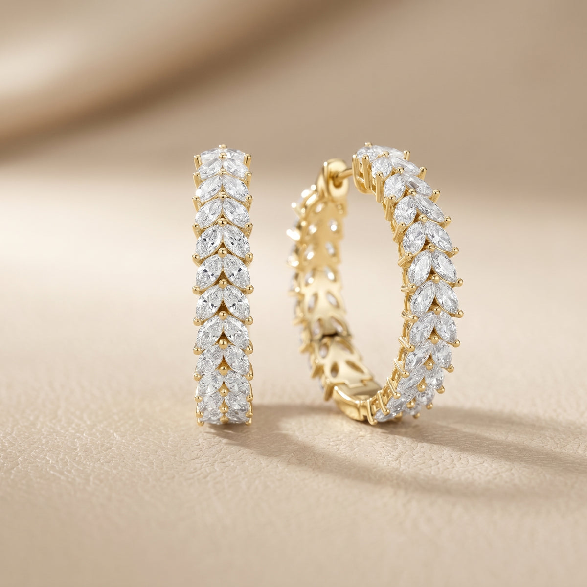 Marquise Cut Lab Grown Diamond Hoop Earrings in Yellow Gold