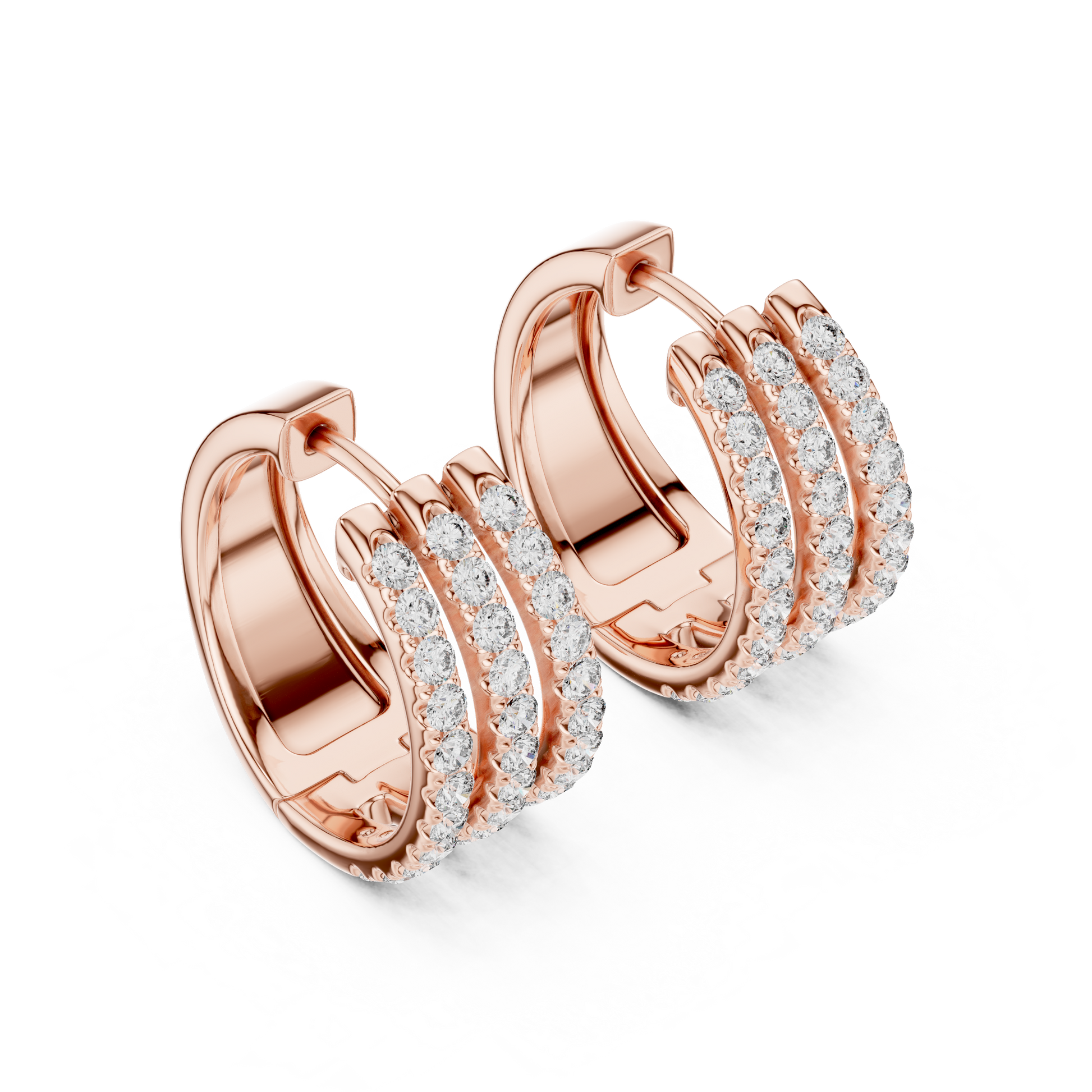 Round Cut Lab Grown Diamond Triple Row Pave Hoop Earrings in Rose Gold