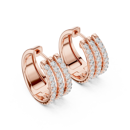 Round Cut Lab Grown Diamond Triple Row Pave Hoop Earrings in Rose Gold