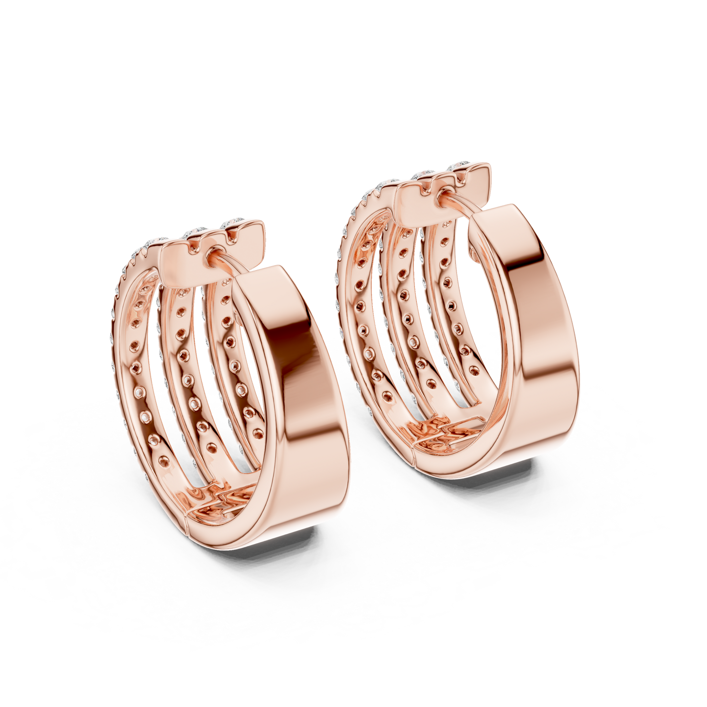 Round Cut Lab Grown Diamond Triple Row Pave Hoop Earrings in Rose Gold