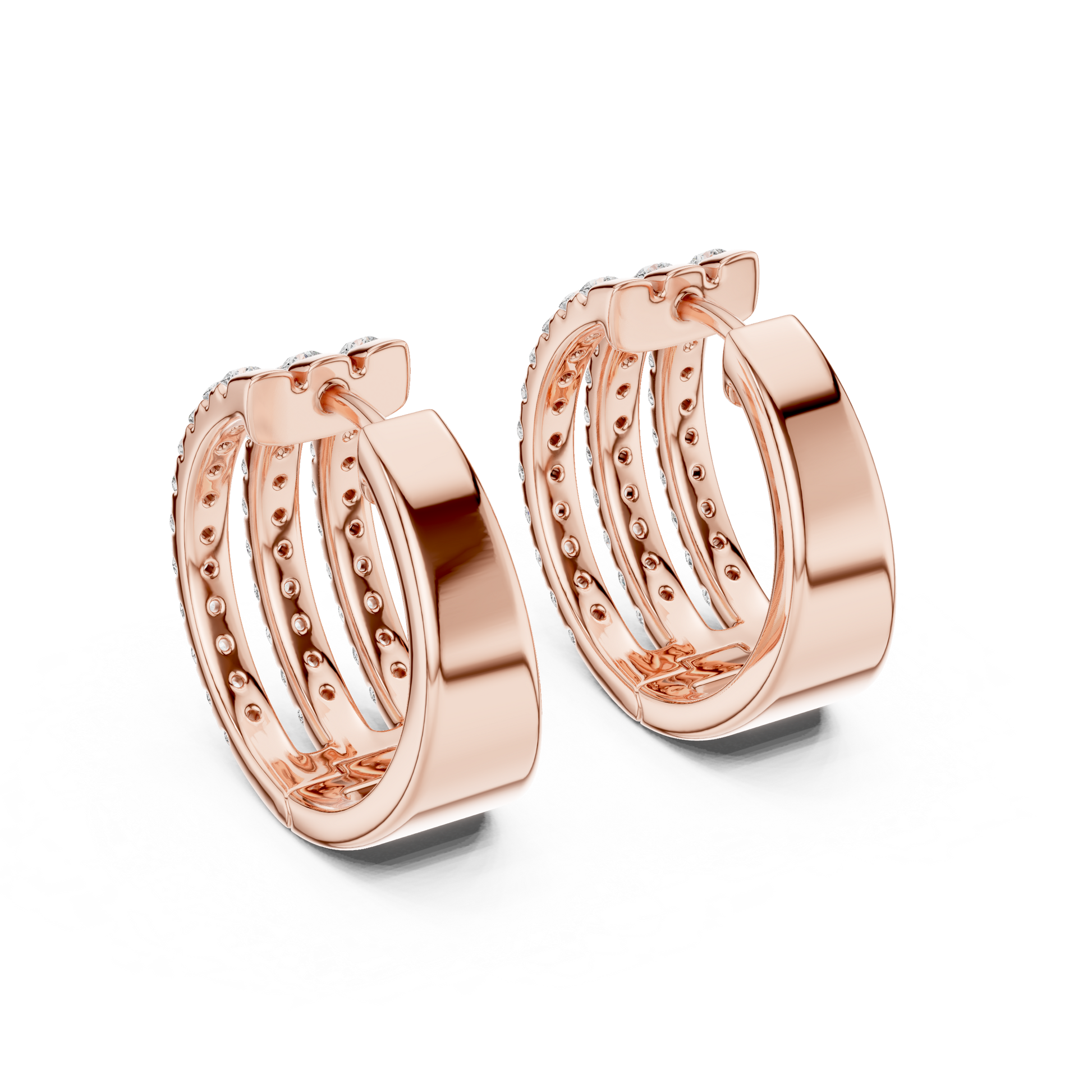 Round Cut Lab Grown Diamond Triple Row Pave Hoop Earrings in Rose Gold