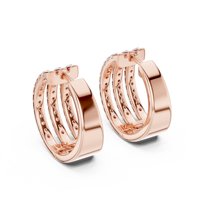 Round Cut Lab Grown Diamond Triple Row Pave Hoop Earrings in Rose Gold