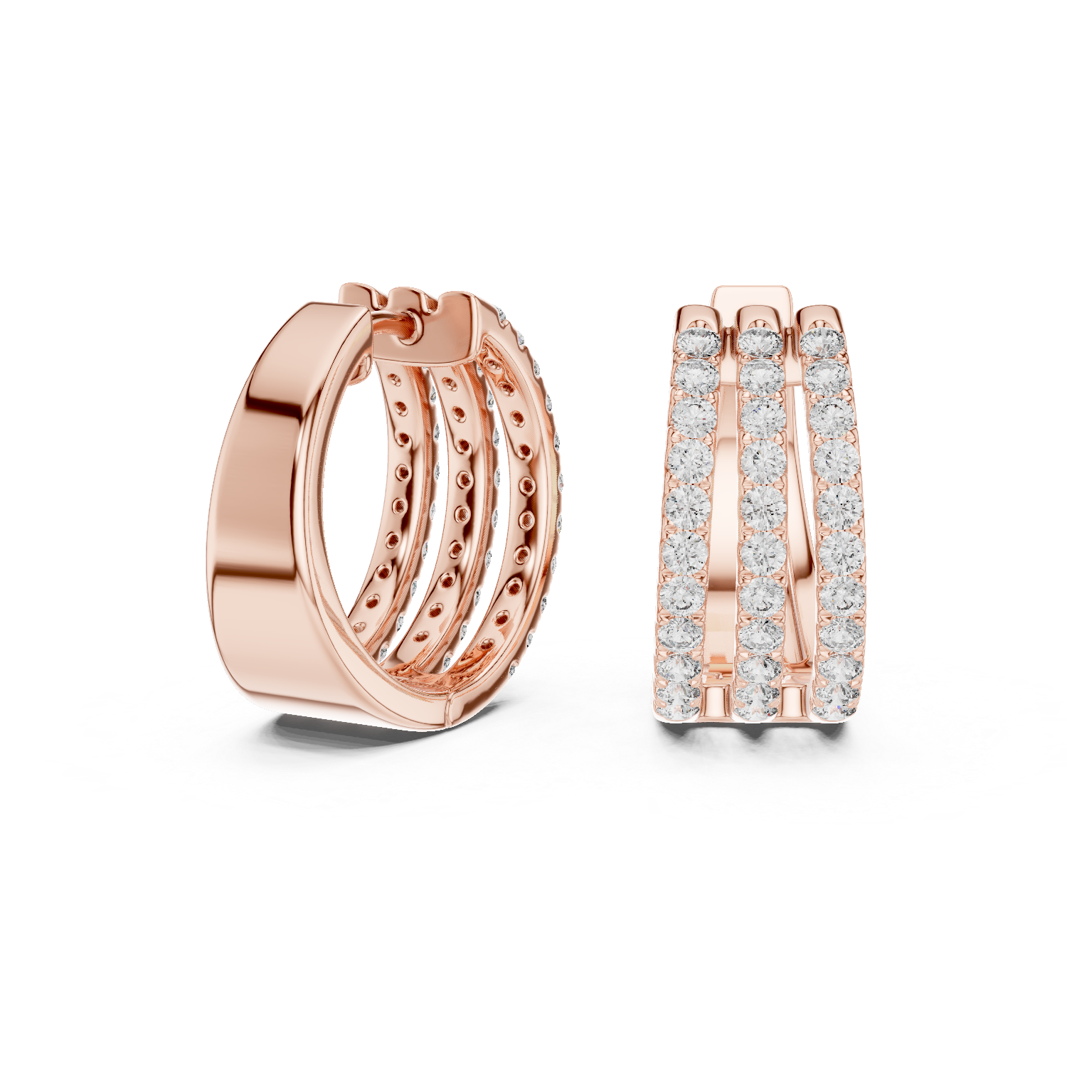 Round Cut Lab Grown Diamond Triple Row Pave Hoop Earrings in Rose Gold