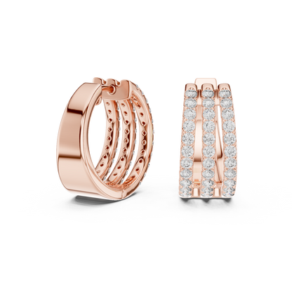 Round Cut Lab Grown Diamond Triple Row Pave Hoop Earrings in Rose Gold