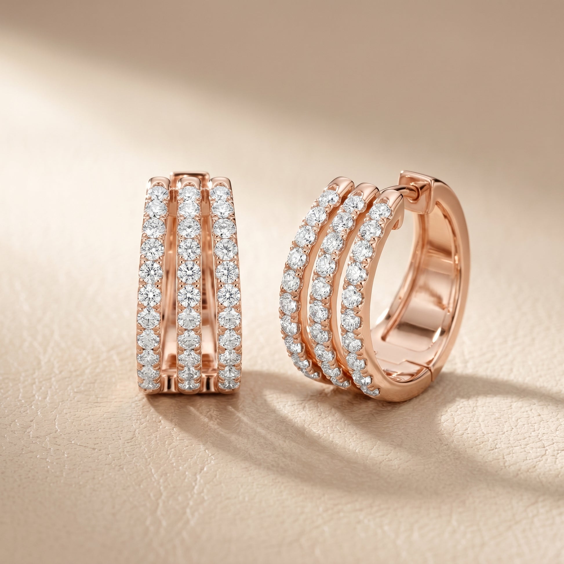 Round Cut Lab Grown Diamond Triple Row Pave Hoop Earrings in Rose Gold