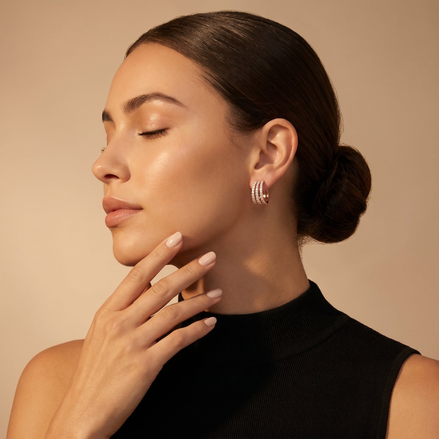 Round Cut Lab Grown Diamond Triple Row Pave Hoop Earrings in Rose Gold
