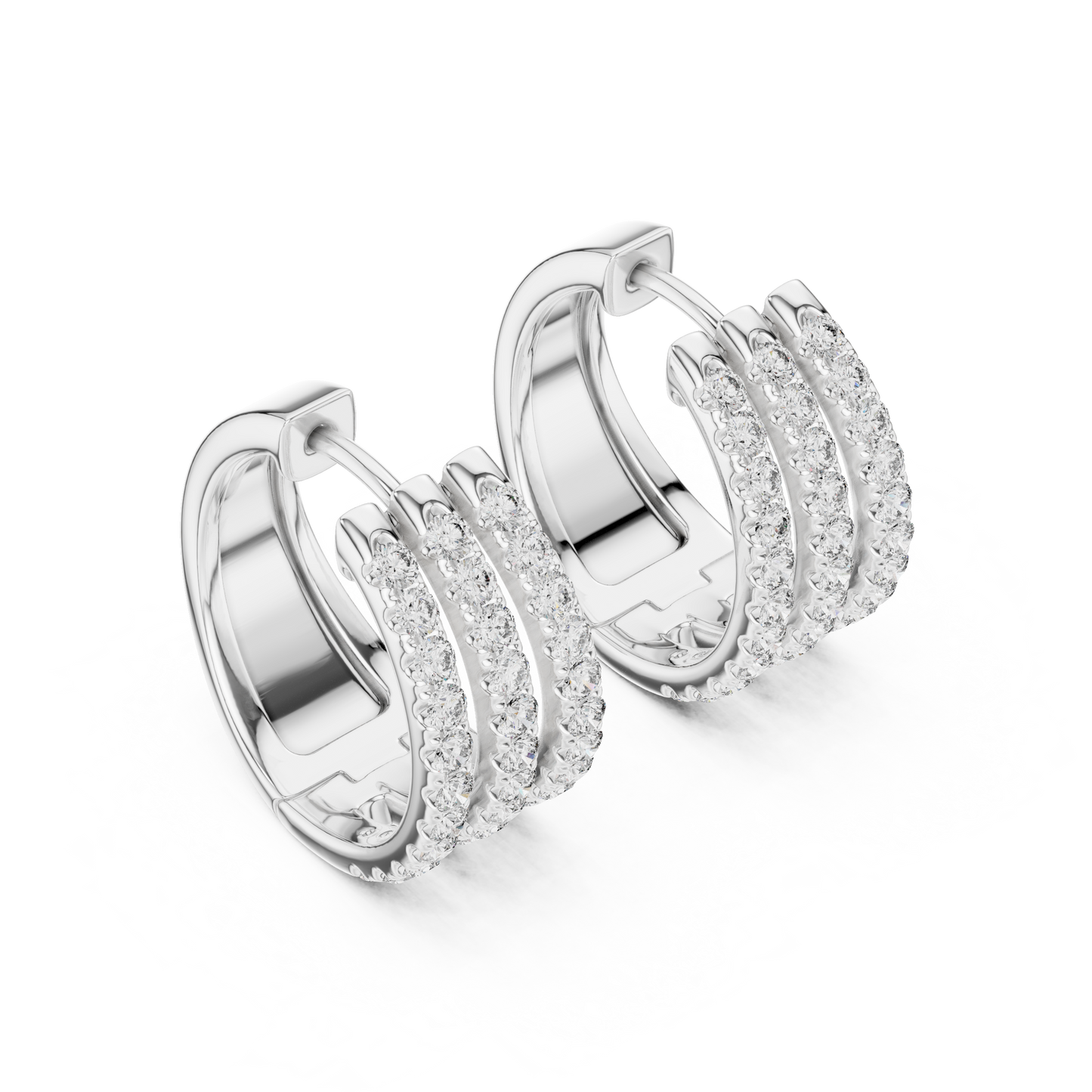 Round Cut Lab Grown Diamond Triple Row Pave Hoop Earrings in White Gold