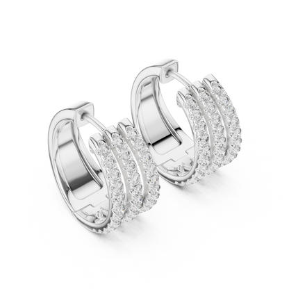 Round Cut Lab Grown Diamond Triple Row Pave Hoop Earrings in Silver