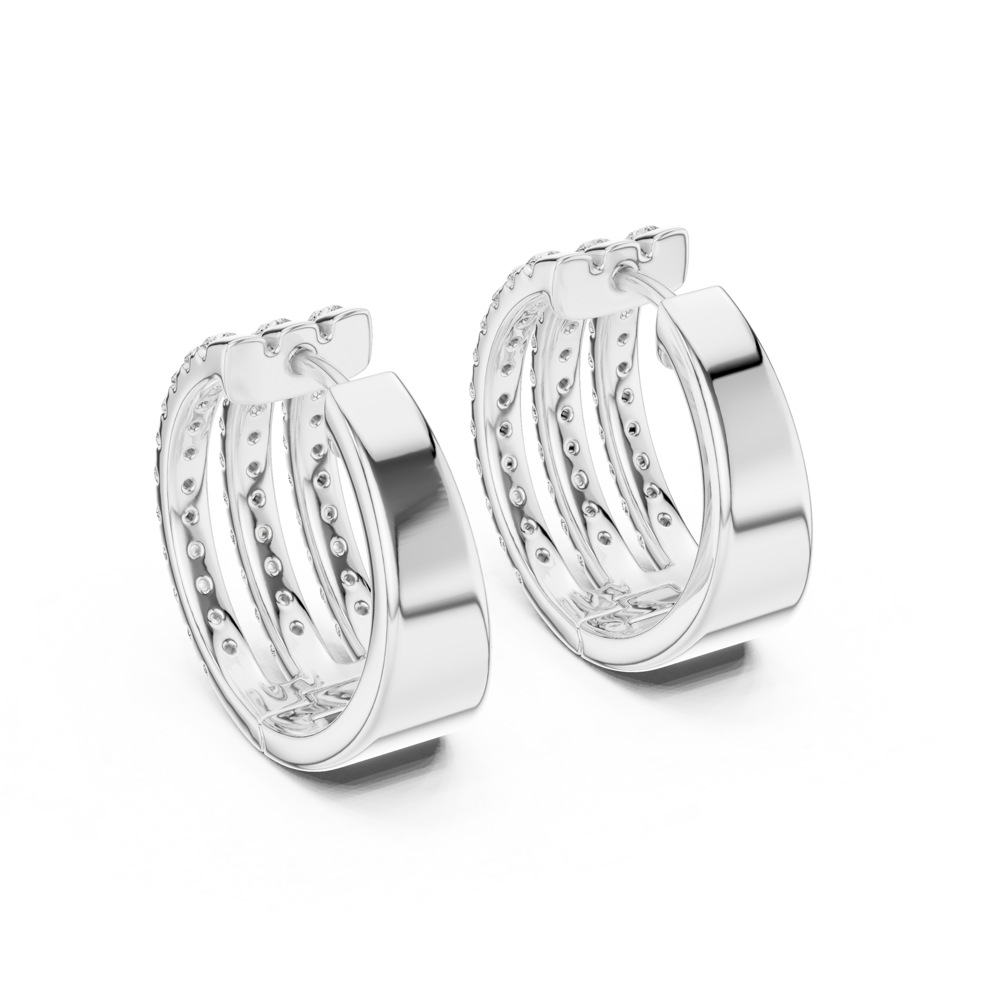 Round Cut Lab Grown Diamond Triple Row Pave Hoop Earrings in White Gold