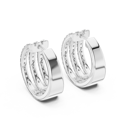 Round Cut Lab Grown Diamond Triple Row Pave Hoop Earrings in Platinum