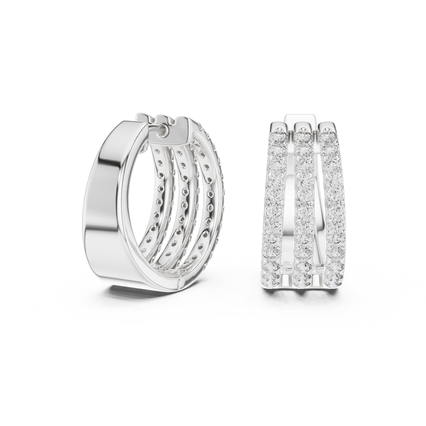 Round Cut Lab Grown Diamond Triple Row Pave Hoop Earrings in White Gold