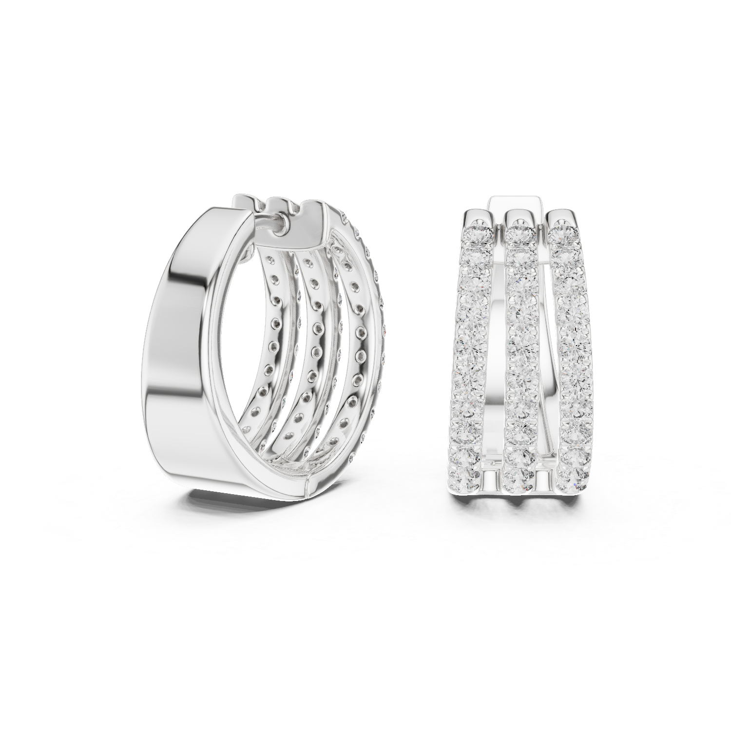 Round Cut Lab Grown Diamond Triple Row Pave Hoop Earrings in White Gold