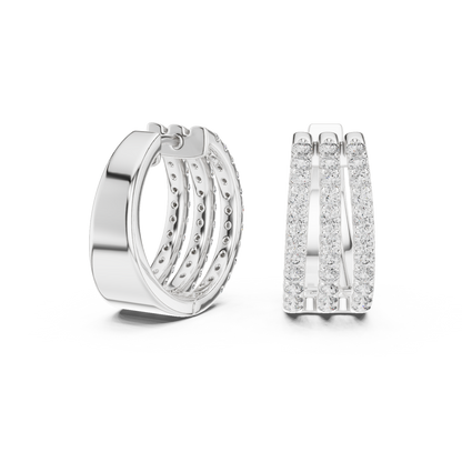 Round Cut Lab Grown Diamond Triple Row Pave Hoop Earrings in White Gold