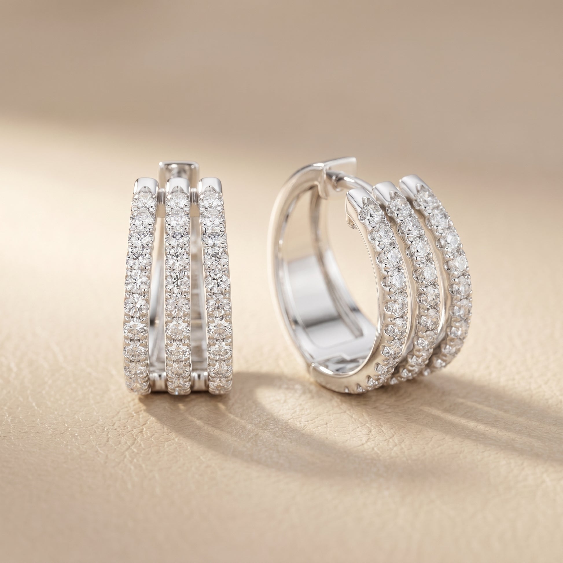 Round Cut Lab Grown Diamond Triple Row Pave Hoop Earrings in Platinum