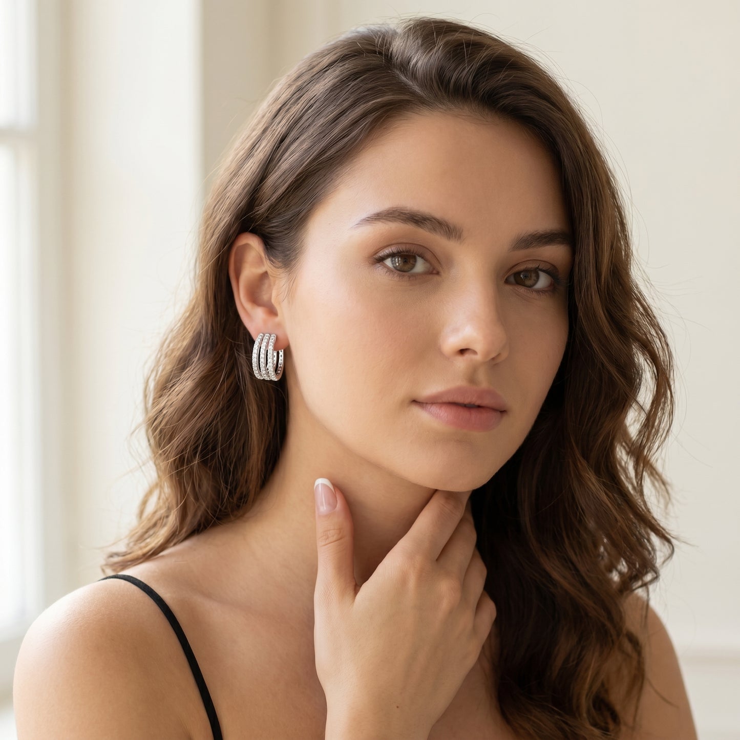 Round Cut Lab Grown Diamond Triple Row Pave Hoop Earrings in Platinum