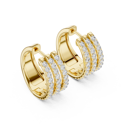 Round Cut Lab Grown Diamond Triple Row Pave Hoop Earrings in Yellow Gold