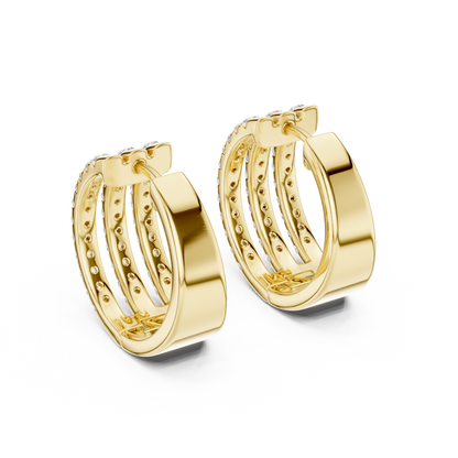 Round Cut Lab Grown Diamond Triple Row Pave Hoop Earrings in Yellow Gold