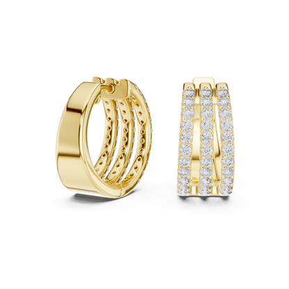 Round Cut Lab Grown Diamond Triple Row Pave Hoop Earrings in Yellow Gold