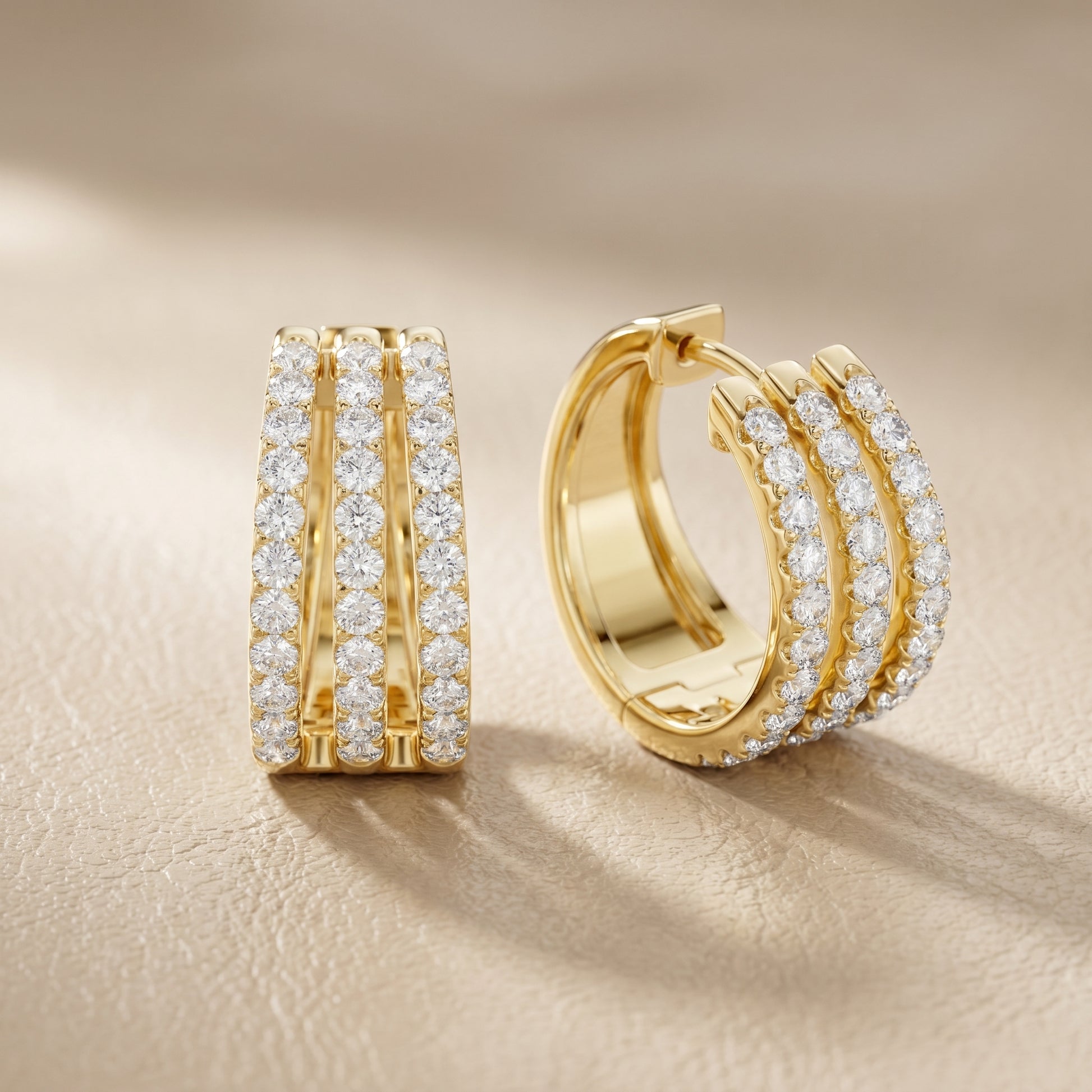 Round Cut Lab Grown Diamond Triple Row Pave Hoop Earrings in Yellow Gold