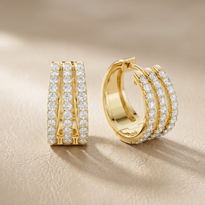 Round Cut Lab Grown Diamond Triple Row Pave Hoop Earrings in Yellow Gold