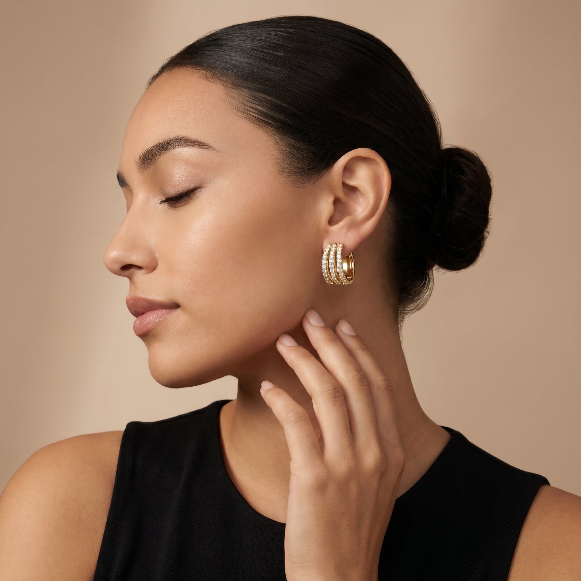 Round Cut Lab Grown Diamond Triple Row Pave Hoop Earrings in Yellow Gold