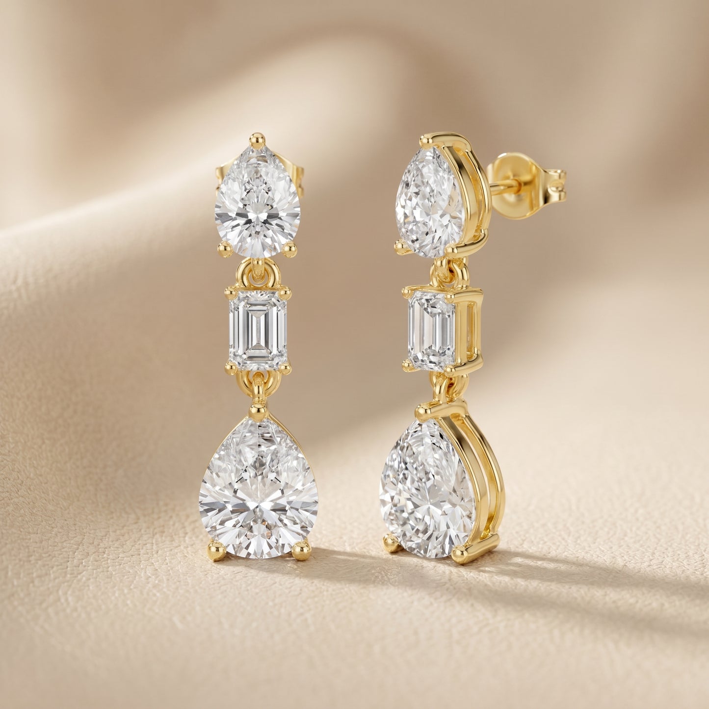 Emerald Pear Cut Lab Grown Diamond Stud Earrings in Yellow Gold
