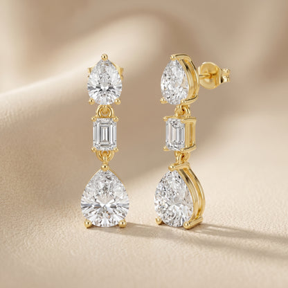 Emerald Pear Cut Lab Grown Diamond Stud Earrings in Yellow Gold