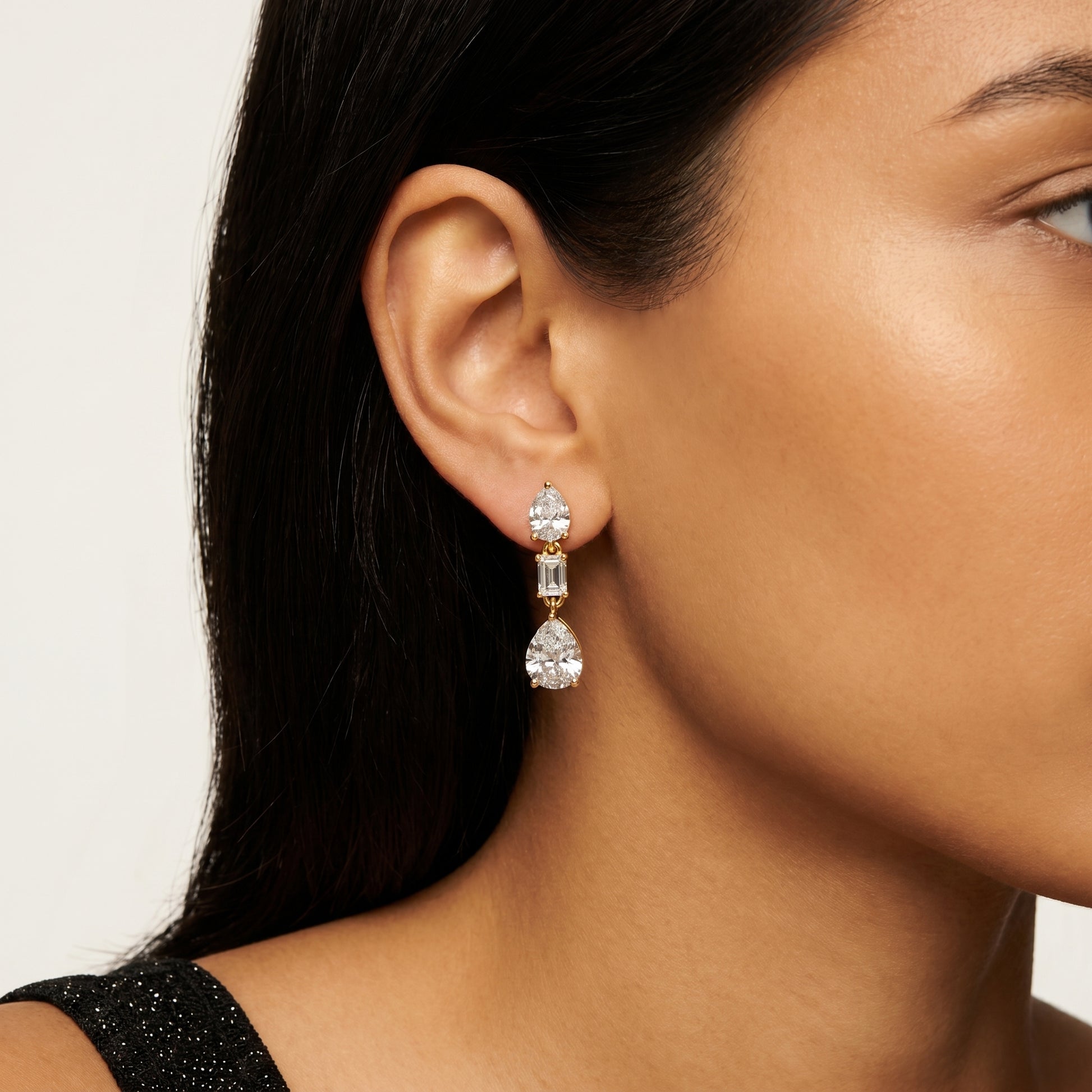 Emerald Pear Cut Lab Grown Diamond Stud Earrings in Yellow Gold