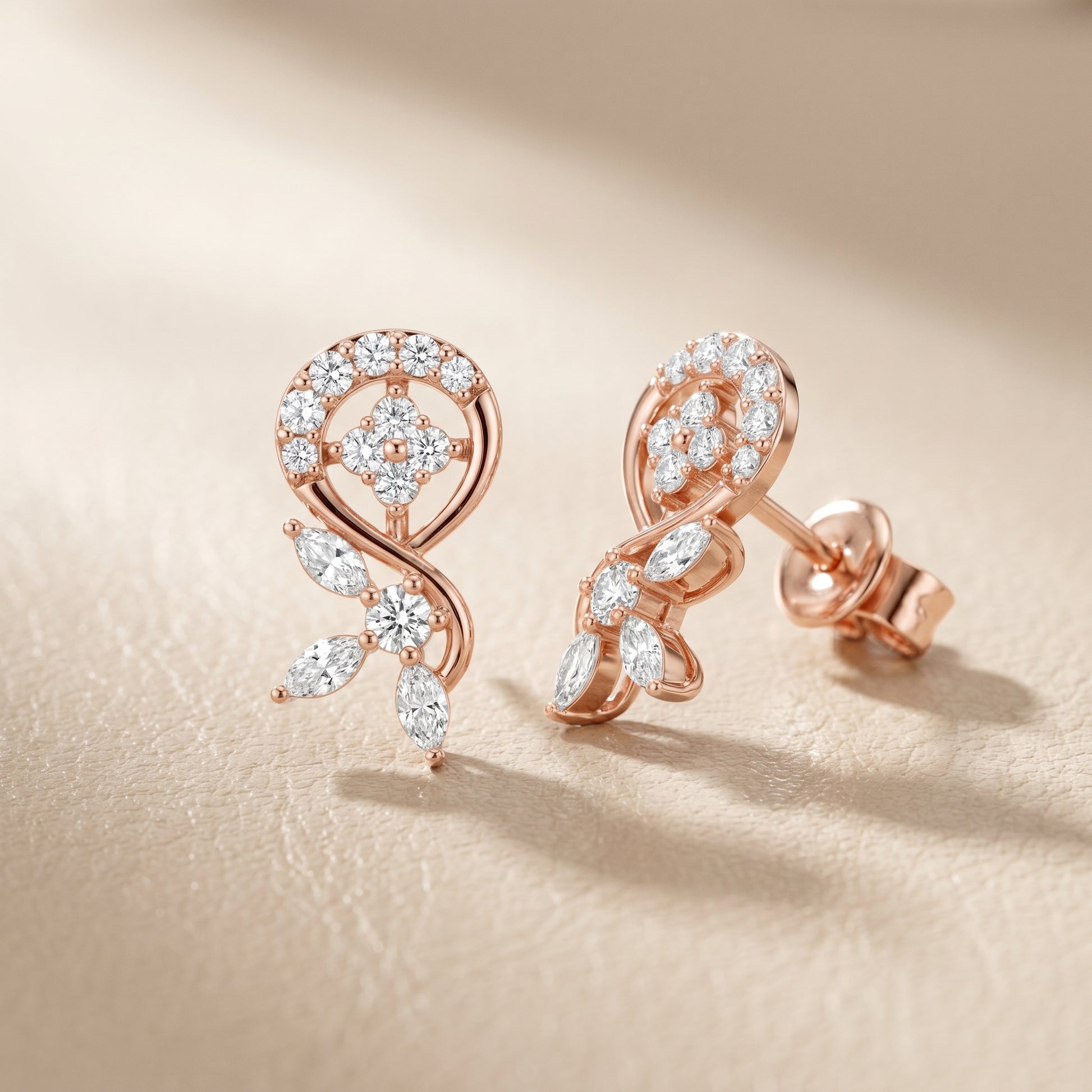 Marquise Round Cut Lab Grown Diamond Stud Earrings in Rose Gold