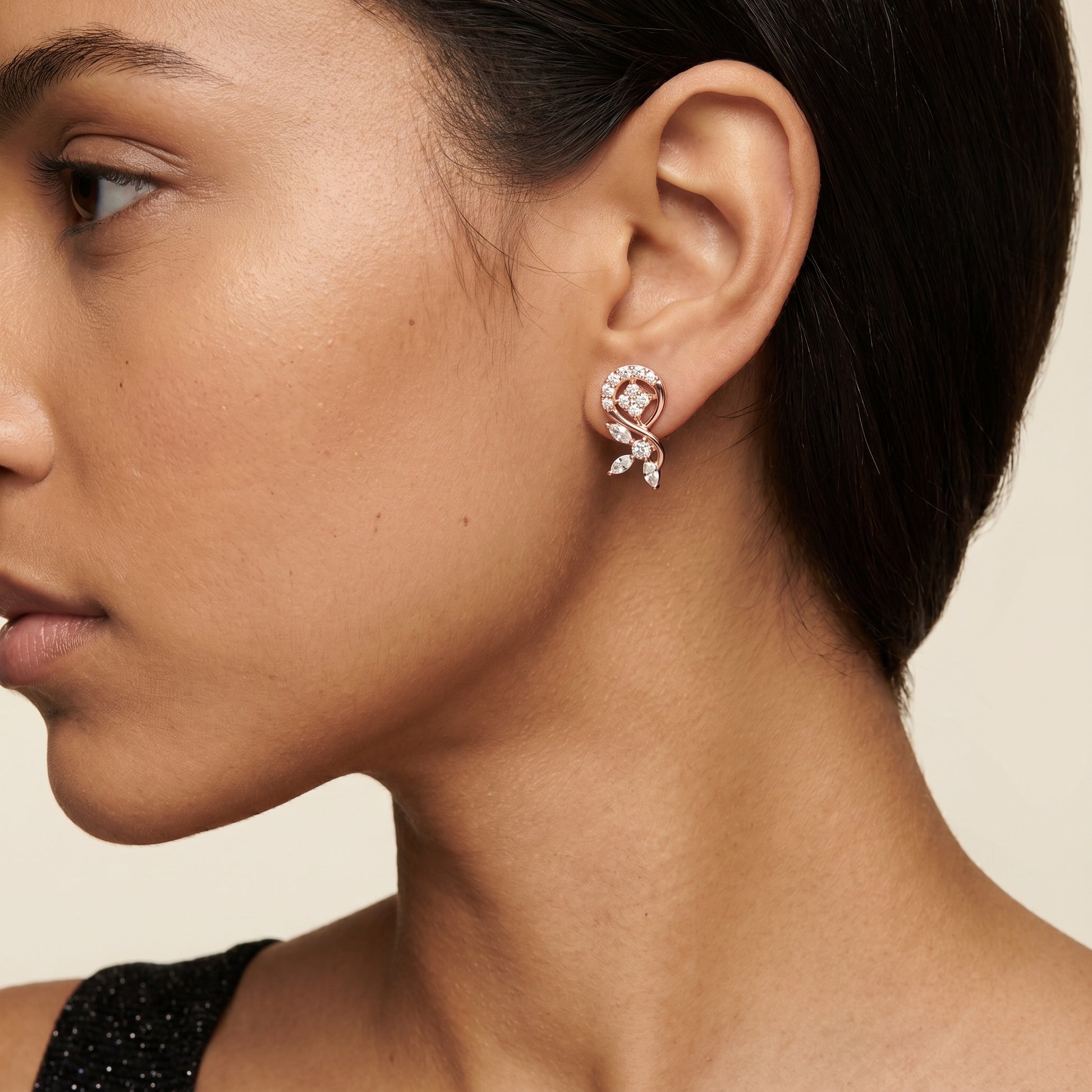 Marquise Round Cut Lab Grown Diamond Stud Earrings in Rose Gold