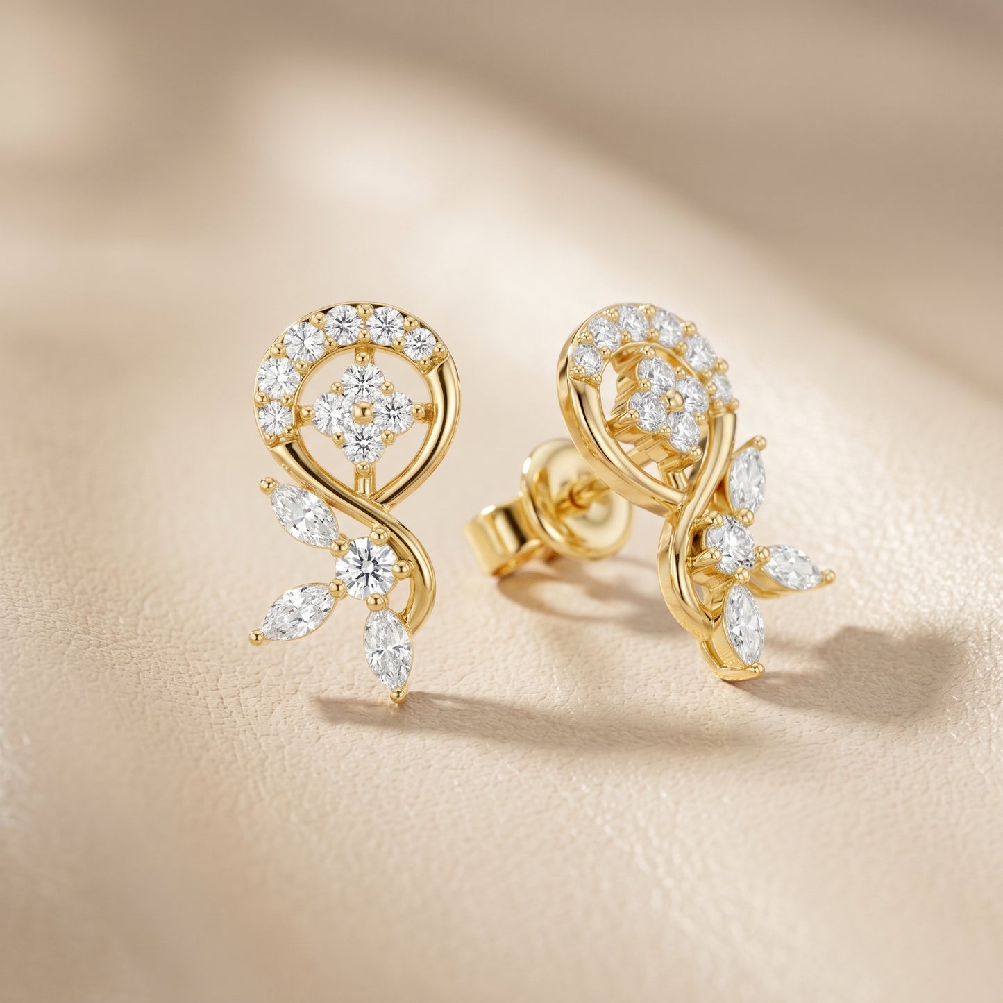 Marquise Round Cut Lab Grown Diamond Stud Earrings in Yellow Gold