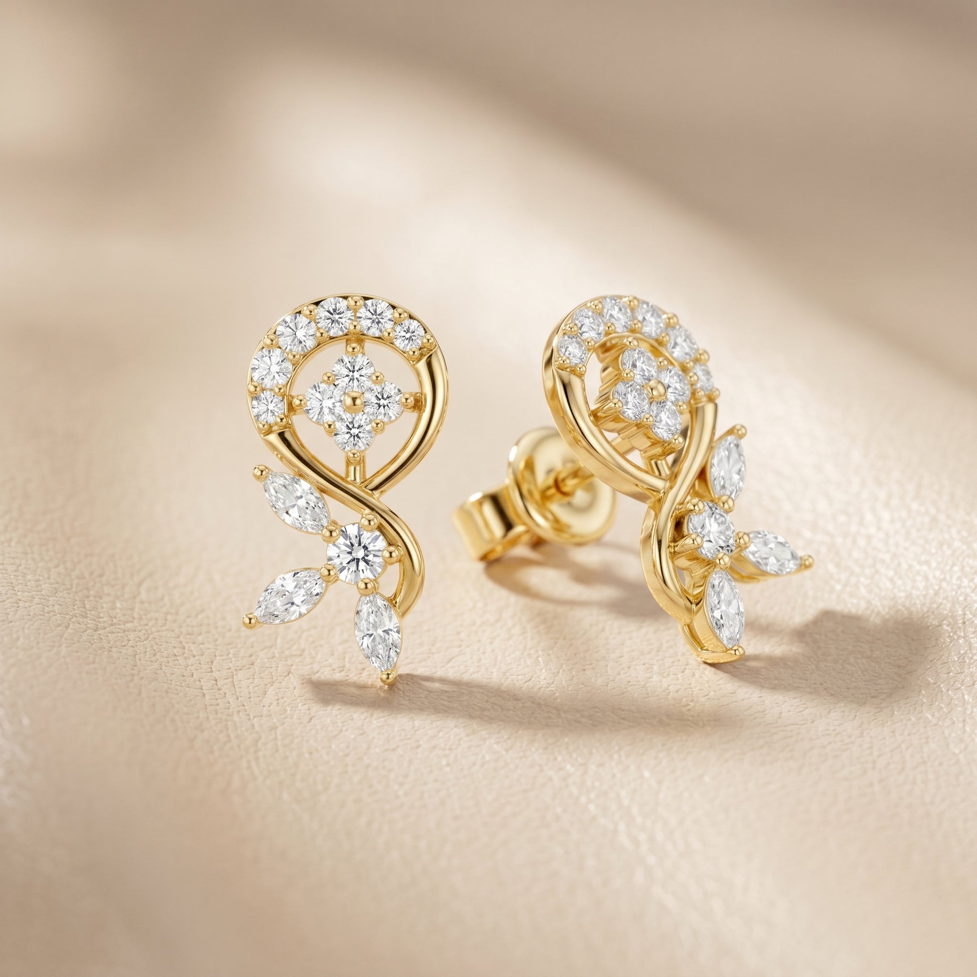 Marquise Round Cut Lab Grown Diamond Stud Earrings in Yellow Gold