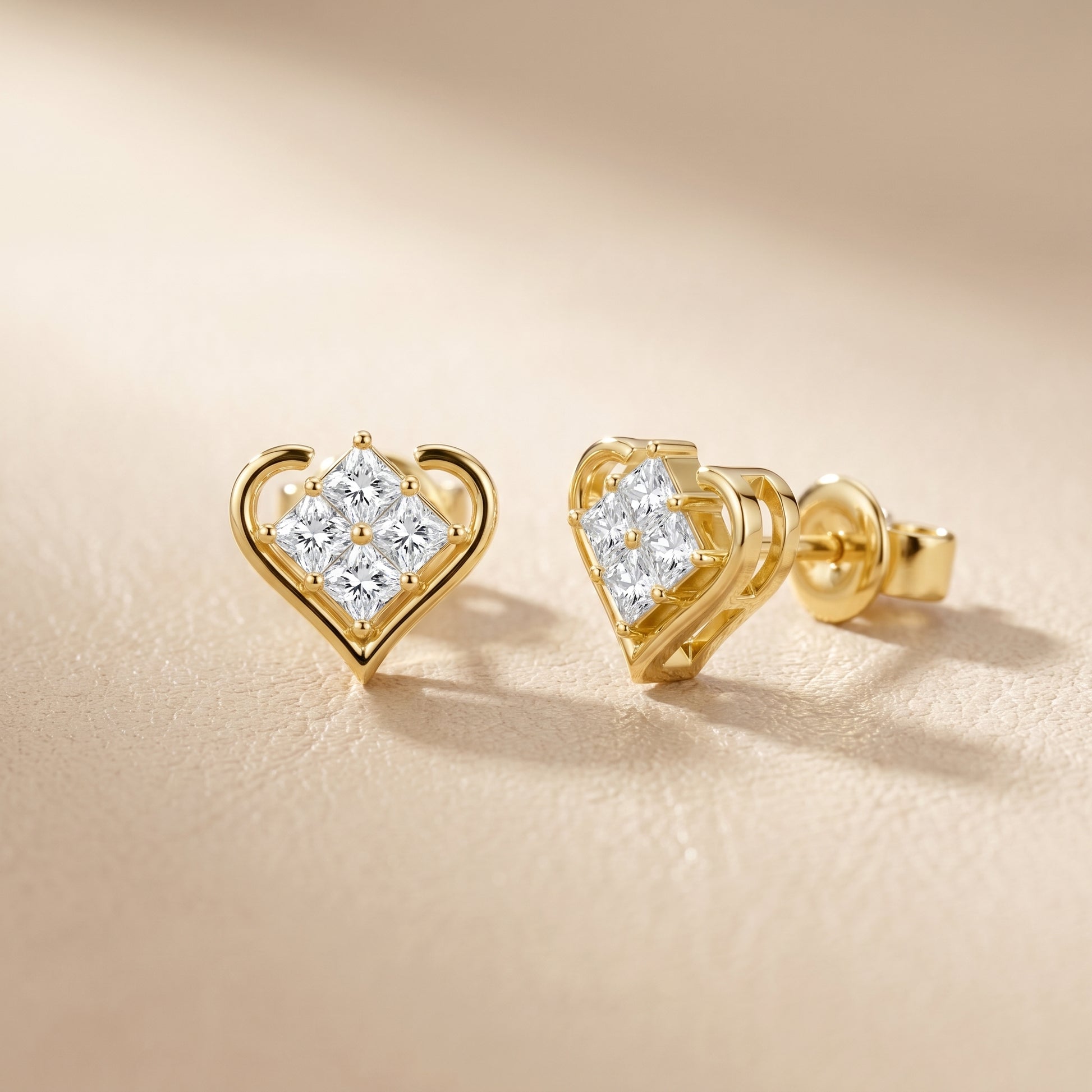 Princess Cut Lab Grown Diamond Stud Earrings in Yellow Gold