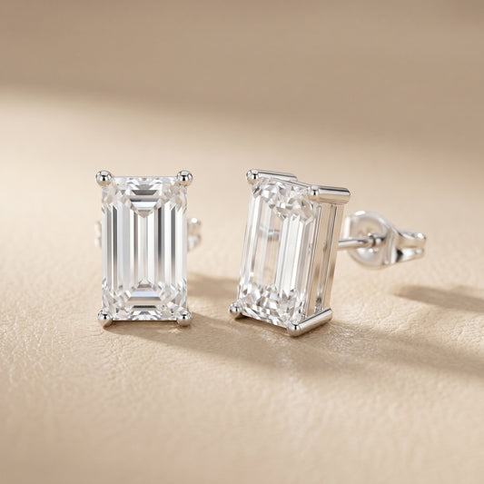Emerald Cut Lab Grown Diamond Stud Earrings in White Gold