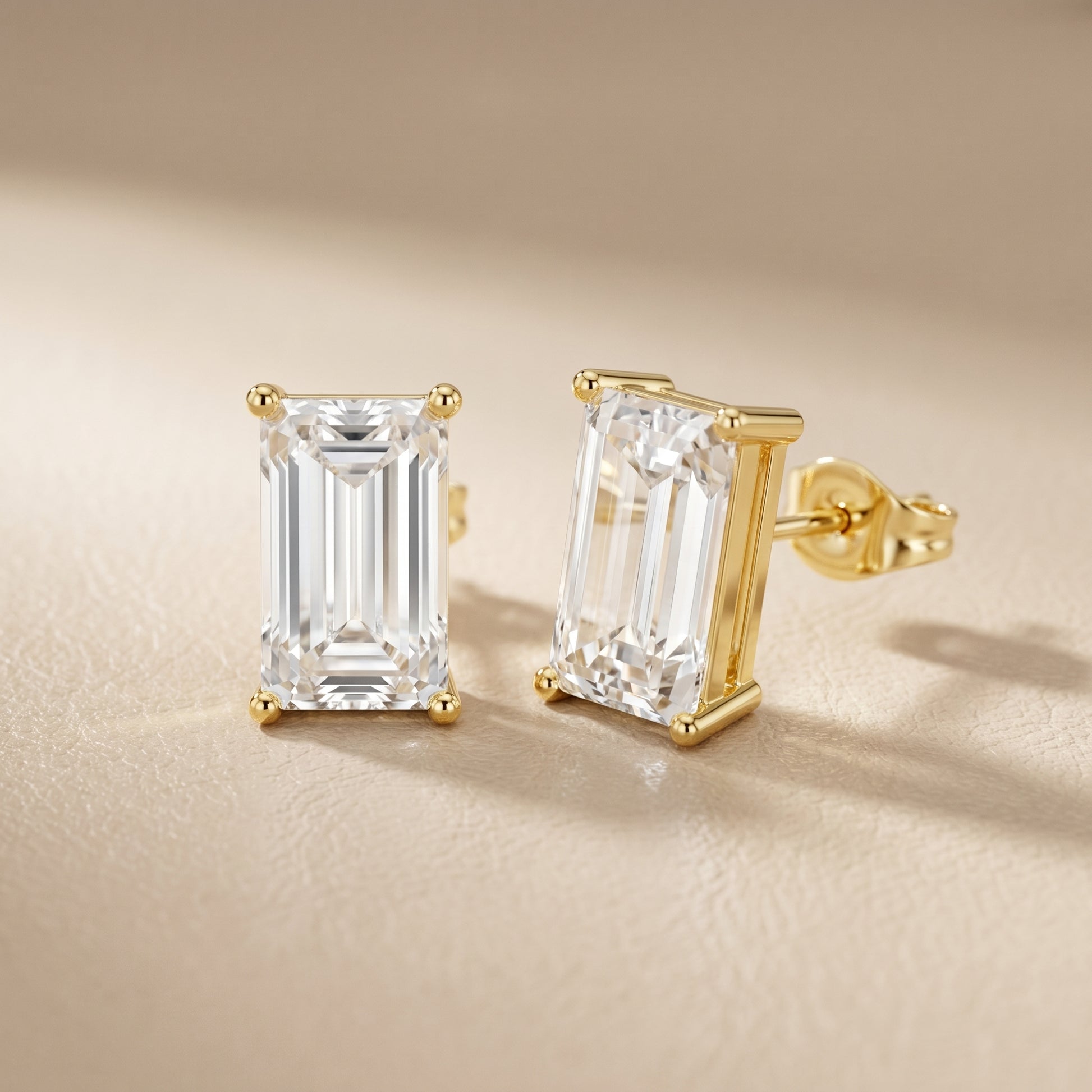 Emerald Cut Lab Grown Diamond Stud Earrings in Yellow Gold