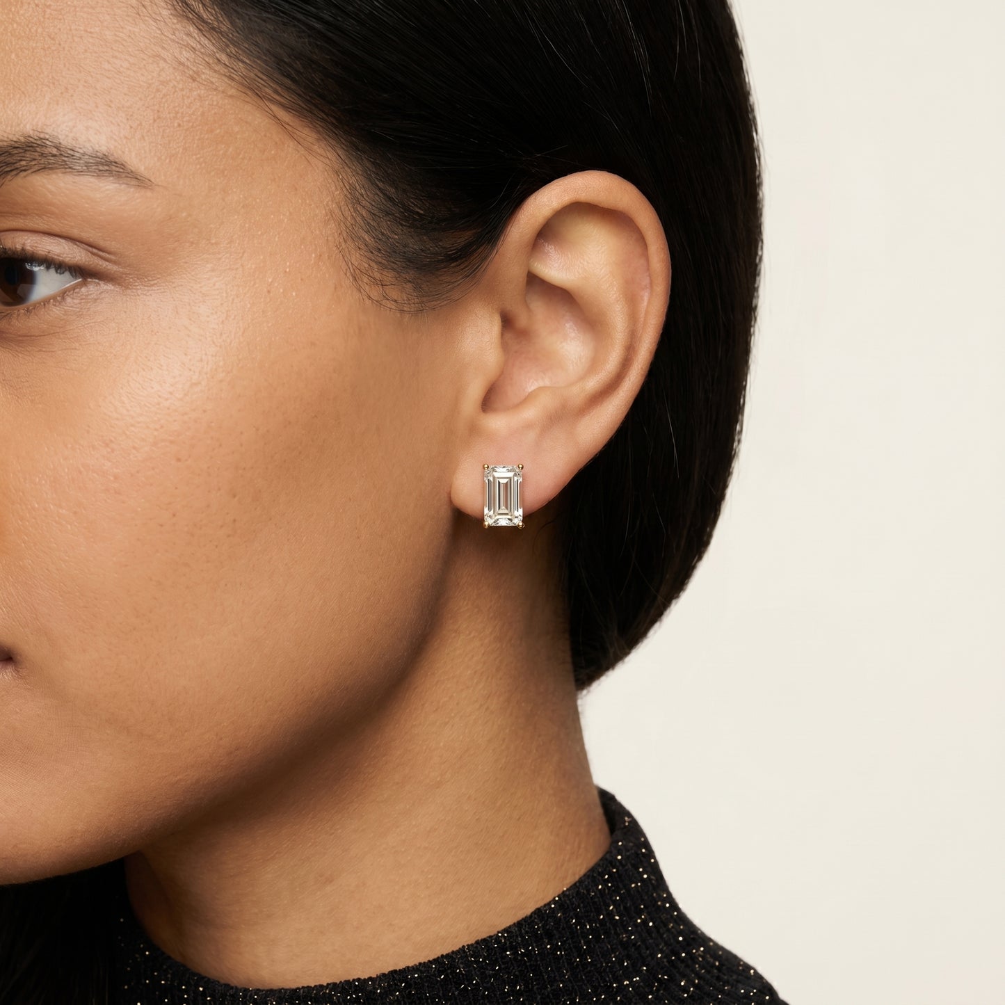 Emerald Cut Lab Grown Diamond Stud Earrings in Yellow Gold