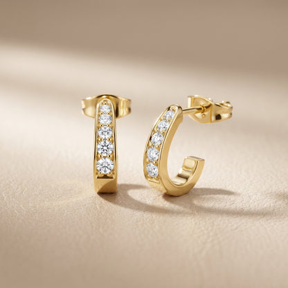 Round Cut Lab Grown Diamond Huggie Earrings in Yellow Gold