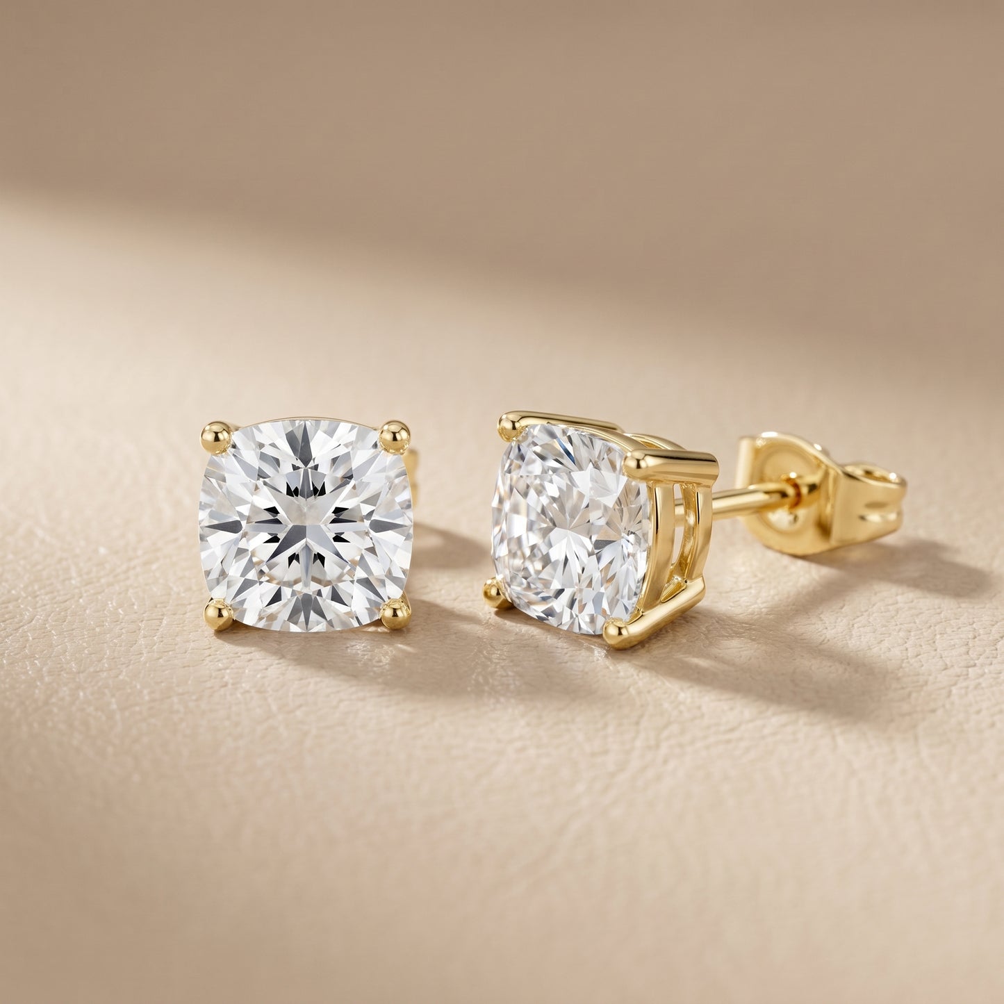Cushion Cut Lab Grown Diamond Stud Earrings in Yellow Gold
