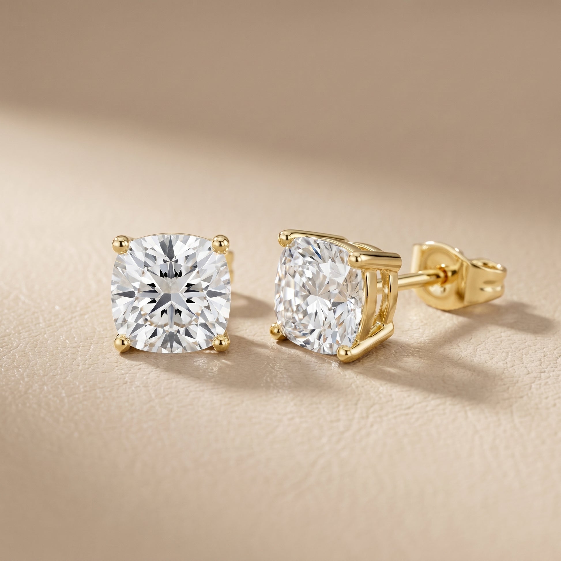 Cushion Cut Lab Grown Diamond Stud Earrings in Yellow Gold
