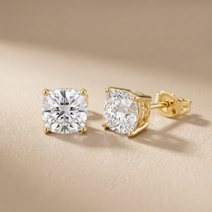 Cushion Cut Lab Grown Diamond Stud Earrings in Yellow Gold