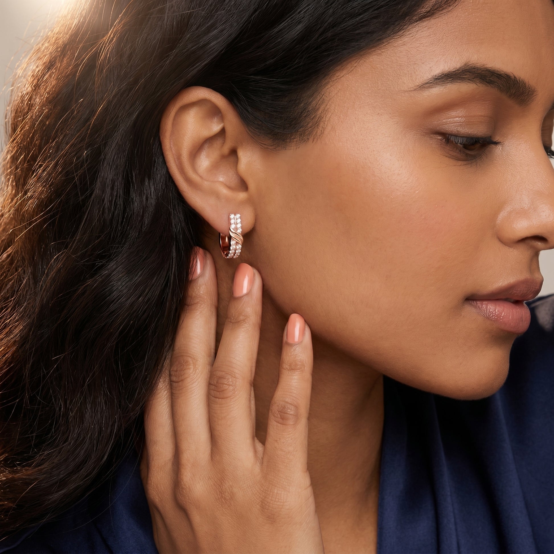 Round Cut Lab Grown Diamond Hoop Earrings in Rose Gold