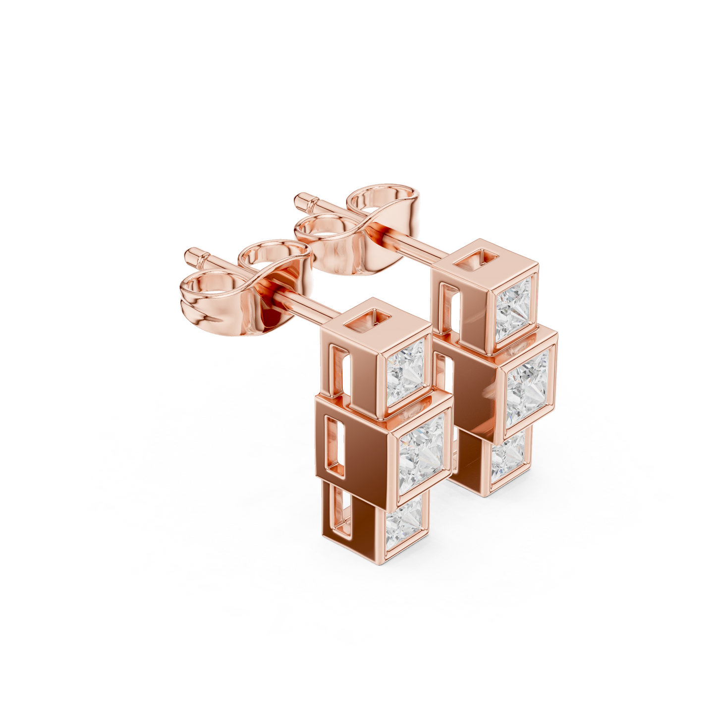 Crest Three-Stone Princess Cut Lab Grown Diamond Stud Earrings in Rose Gold
